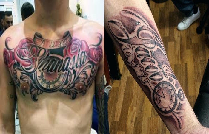 Clock Tattoo with Name and Date of Birth Design