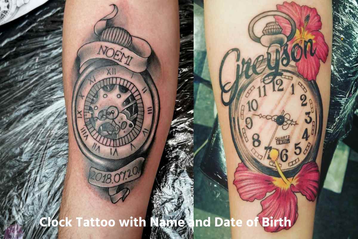 Clock Tattoo with Name and Date of Birth – Life Time Remembrance