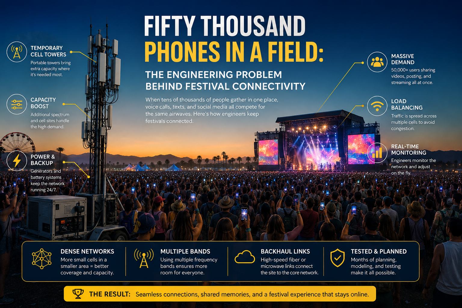 Fifty Thousand Phones in a Field: The Engineering Problem Behind Festival Connectivity